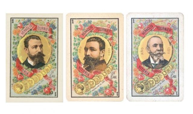 Oinarrizko eredua mantentzen bazen ere, zenbat edizio atera zituen Urrezko batean bere irudia txertatuta | Argazkia: Arabako Fournier Karta Museoa Oinarrizko eredua mantentzen bazen ere, zenbat edizio atera zituen Urrezko batean bere irudia txertatuta | Argazkia: Arabako Fournier Karta Museoa