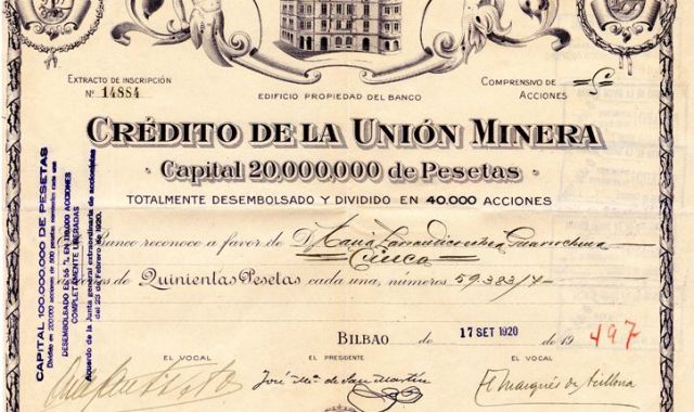 Credito de la Union Minerako akzio bat | Argazkia: Bilbaopedia Credito de la Union Minerako akzio bat | Argazkia: Bilbaopedia