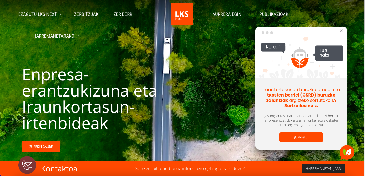 LKS Next enpresaren webgunea, Lur laguntzaile birtuala eskuinean dagoela | Argazkia: EnpresaBIDEA LKS Next enpresaren webgunea, Lur laguntzaile birtuala eskuinean dagoela | Argazkia: EnpresaBIDEA