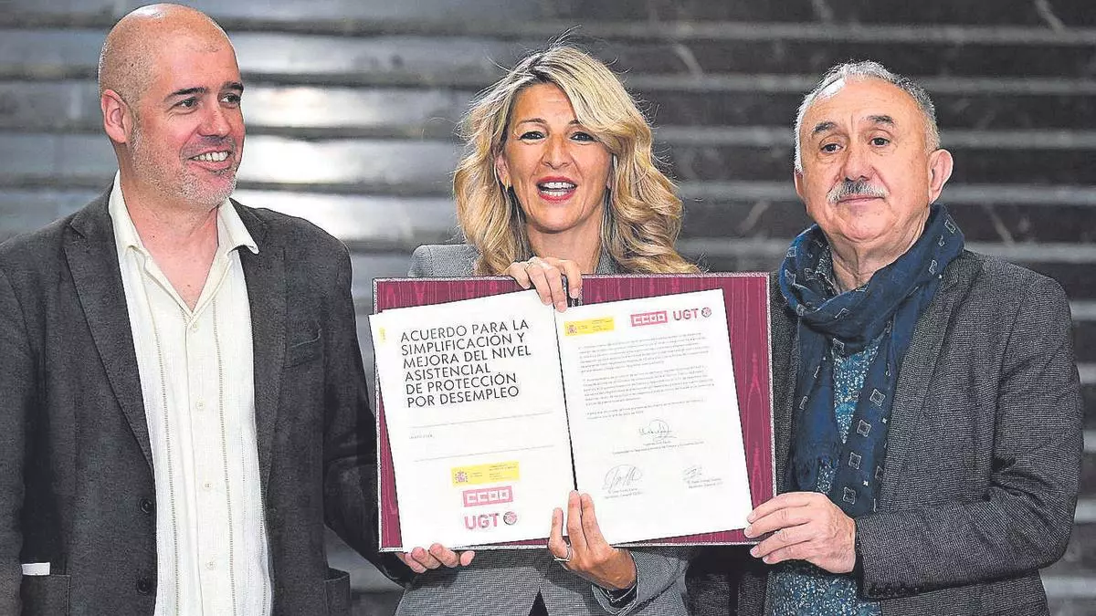 Unai Sordo, Yolanda Díaz eta Pepe Álvarez | Argazkia: Europa Press / Fernando Sánchez 