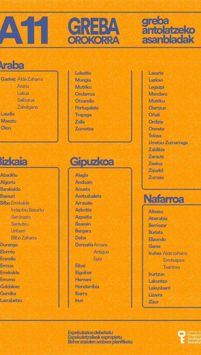 Greba antolatzeko asanbladen zerrenda herriz herri | Argazkia: Etxebizitza Sindikatu Sozialista